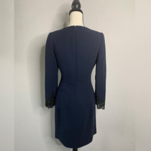 Badgley Mischka Vintage Navy Blue Lace Trim Button Accent Midi Dress - Picture 12 of 16